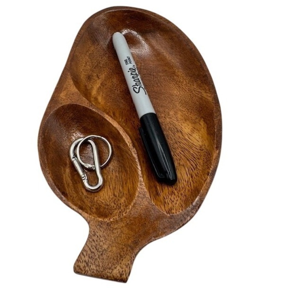 Vintage Monkey Pod Wood Mango Shaped 2 Section Serving Tray Snack Dish Brown - Picture 8 of 11